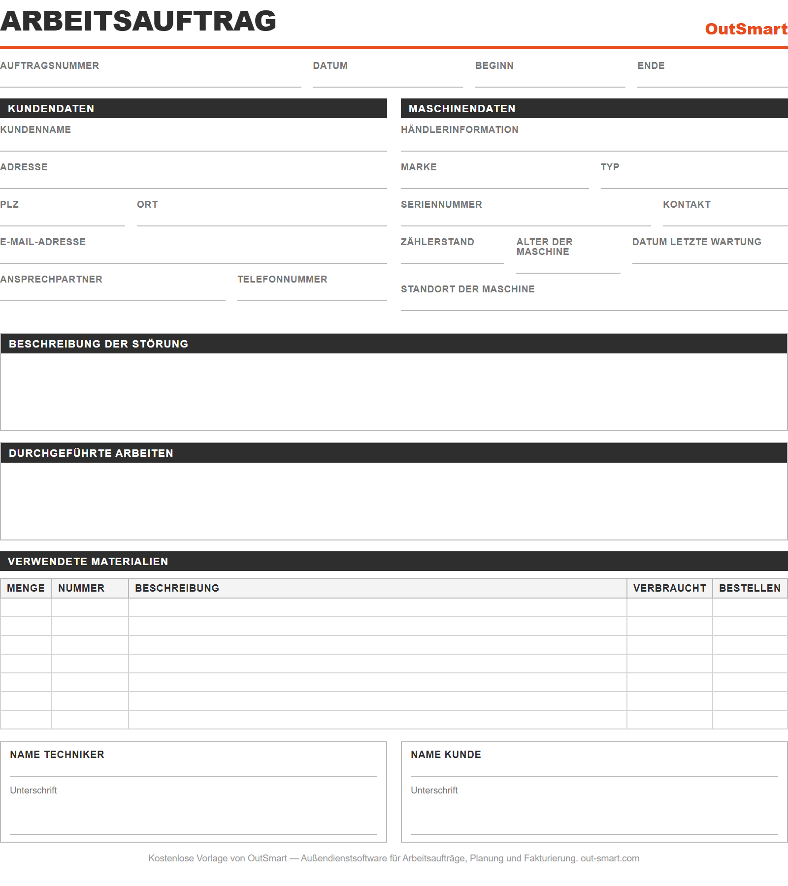 Kostenlose Arbeitsauftrag-Vorlage von OutSmart als PDF, Word und Excel
