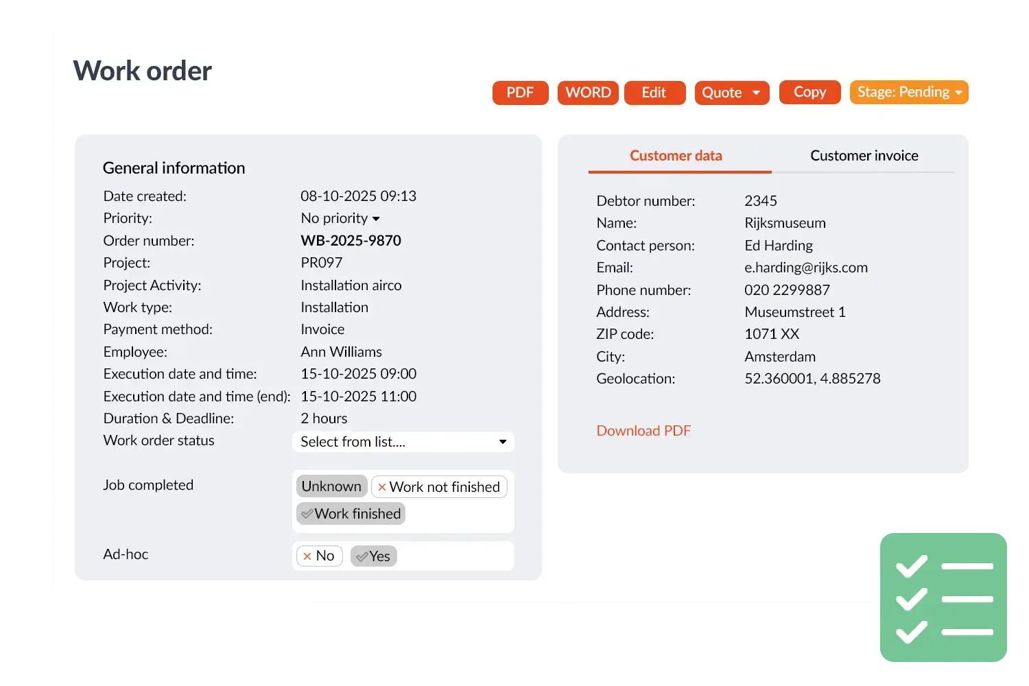 Work order with documentation