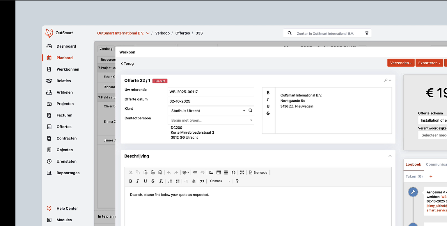 Offerte aanmaken in OutSmart met klantgegevens automatisch ingevuld