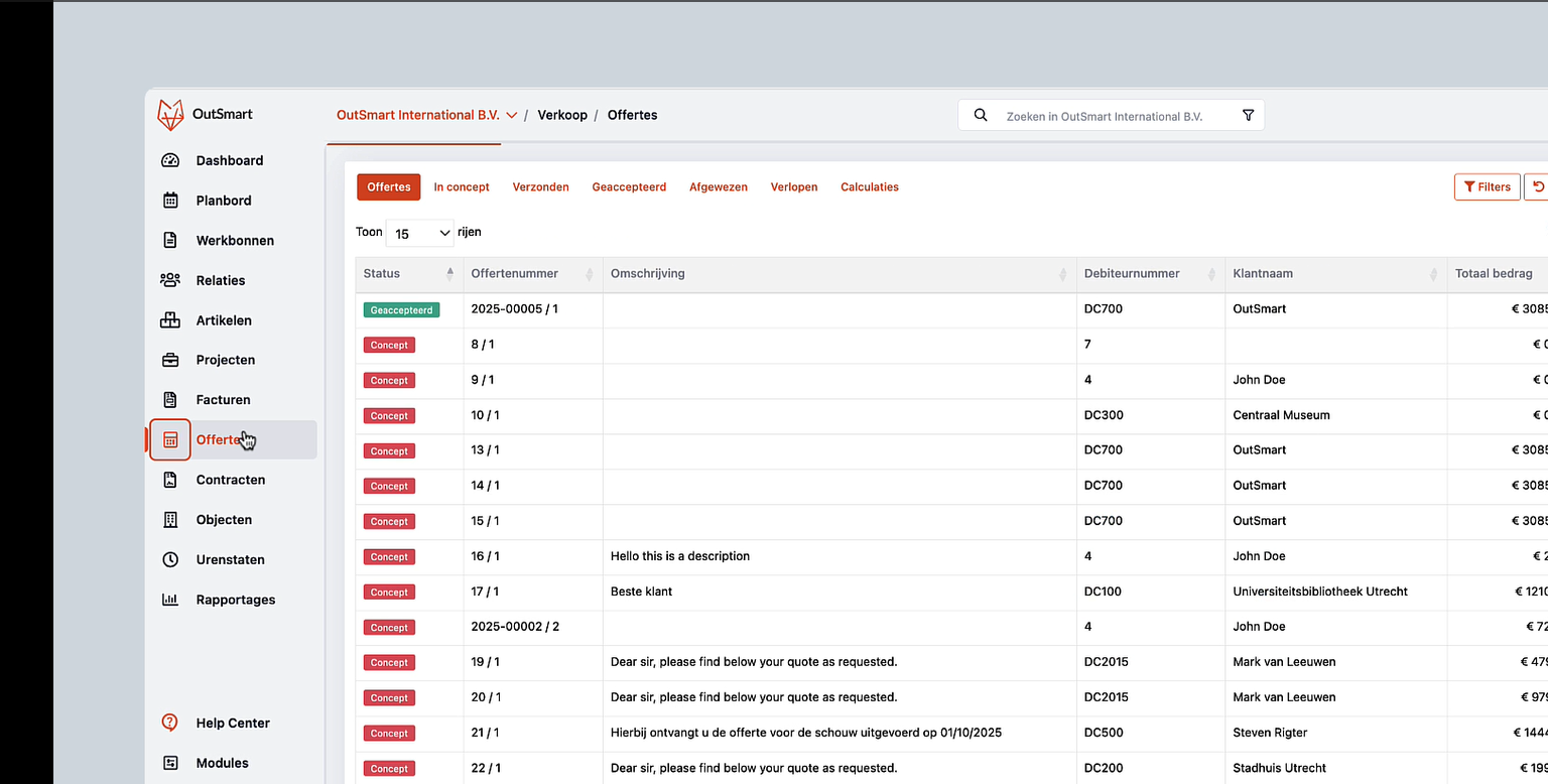 Offertes overzicht met statussen Concept Verzonden Geaccepteerd Verlopen