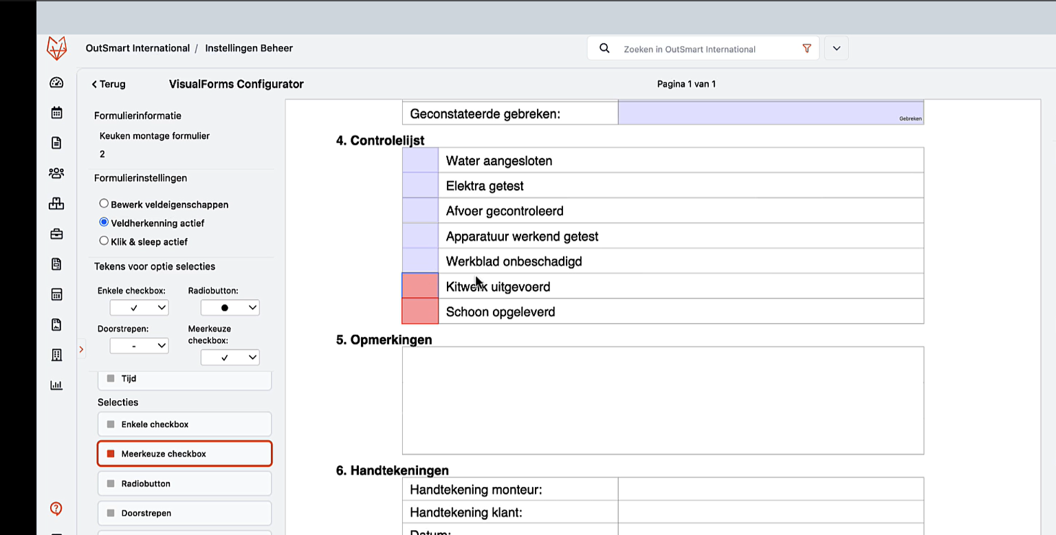 OutSmart VisualForms Configurator — controlelijst, veldtypes en handtekeningsectie