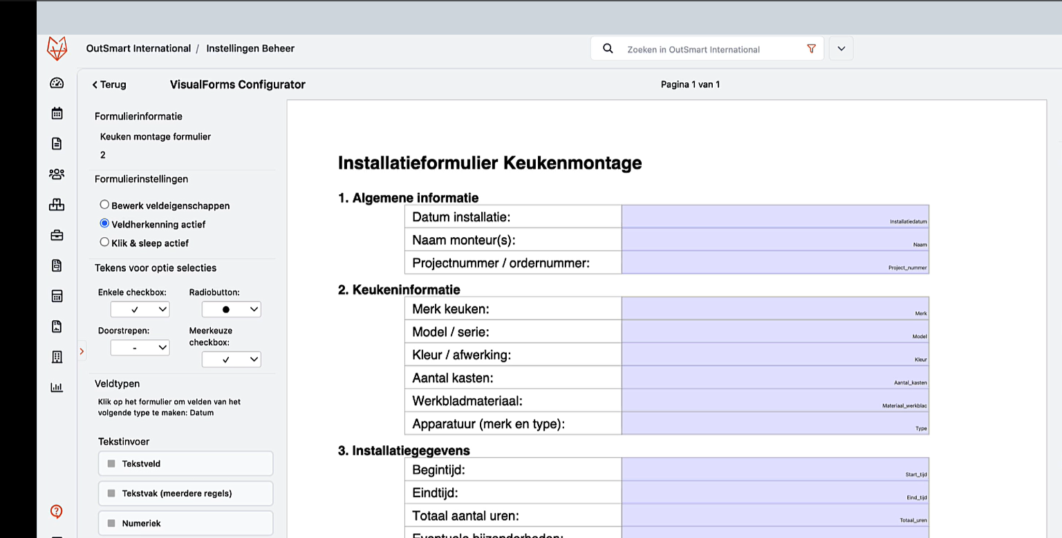 OutSmart Visual Forms Configurator - Installatieformulier Keukenmontage met secties Algemene informatie, Keukeninformatie en Installatiegegevens